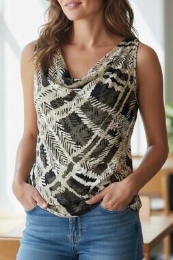 St. John Sheer Lined Silk Blend Draped Neck Sleeveless Cami Black Cream Top - S
